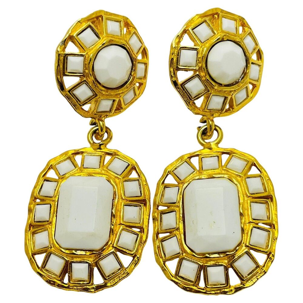 Vintage GRAZIANO signed gold tone white glass designer runway earrings